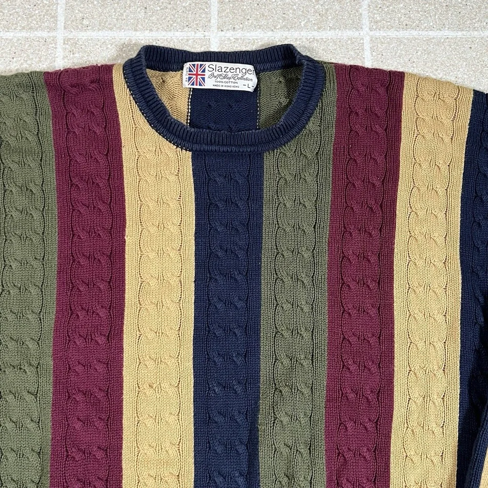 Vintage Sweater Slazenger Golf Size L 80s Color block Striped Cable Knit Cotton